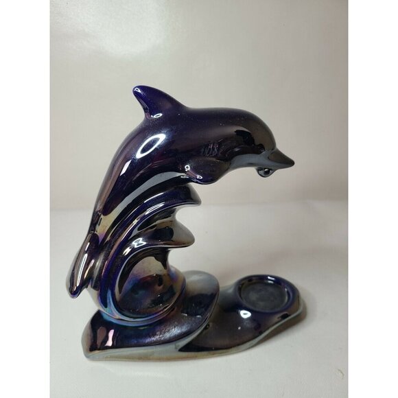 VTG Marex Porcelain Dolphin Statue Tealight Candle Holder Cobalt Blue Nautical - Picture 3 of 8